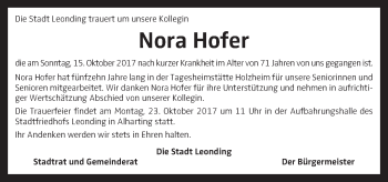 Traueranzeige von Nora Hofer von OÖNachrichten