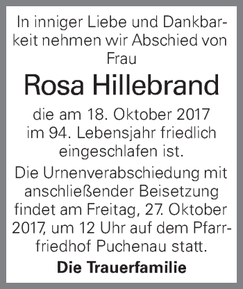 Traueranzeige von Rosa Hillebrand von OÖNachrichten