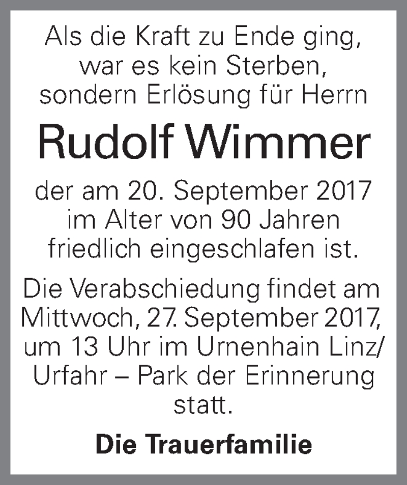  Traueranzeige für Rudolf Wimmer vom 26.09.2017 aus OÖNachrichten