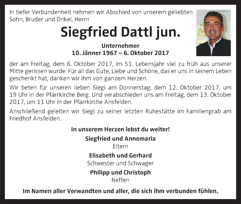  Traueranzeige für Siegfried Dattl vom 11.10.2017 aus OÖNachrichten