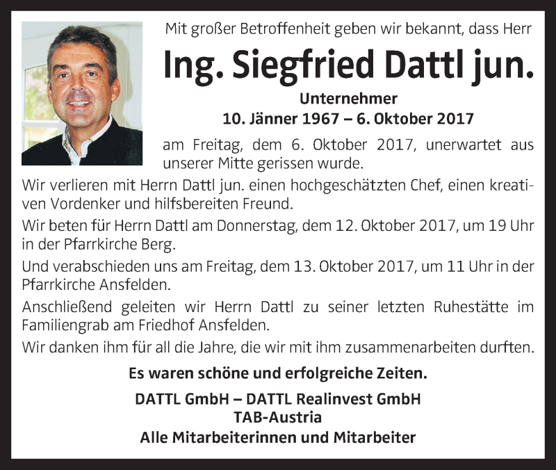  Traueranzeige für Siegfried Dattl vom 12.10.2017 aus OÖNachrichten