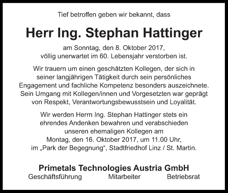  Traueranzeige für Stephan Hattinger vom 14.10.2017 aus OÖNachrichten