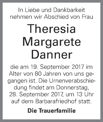 Traueranzeige von Theresia Margarete Danner von OÖNachrichten