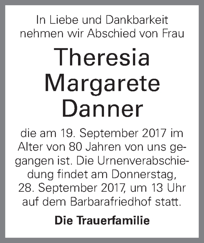  Traueranzeige für Theresia Margarete Danner vom 23.09.2017 aus OÖNachrichten