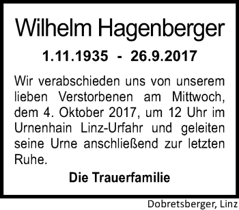 Traueranzeige von Wilhelm Hagenberger von OÖNachrichten