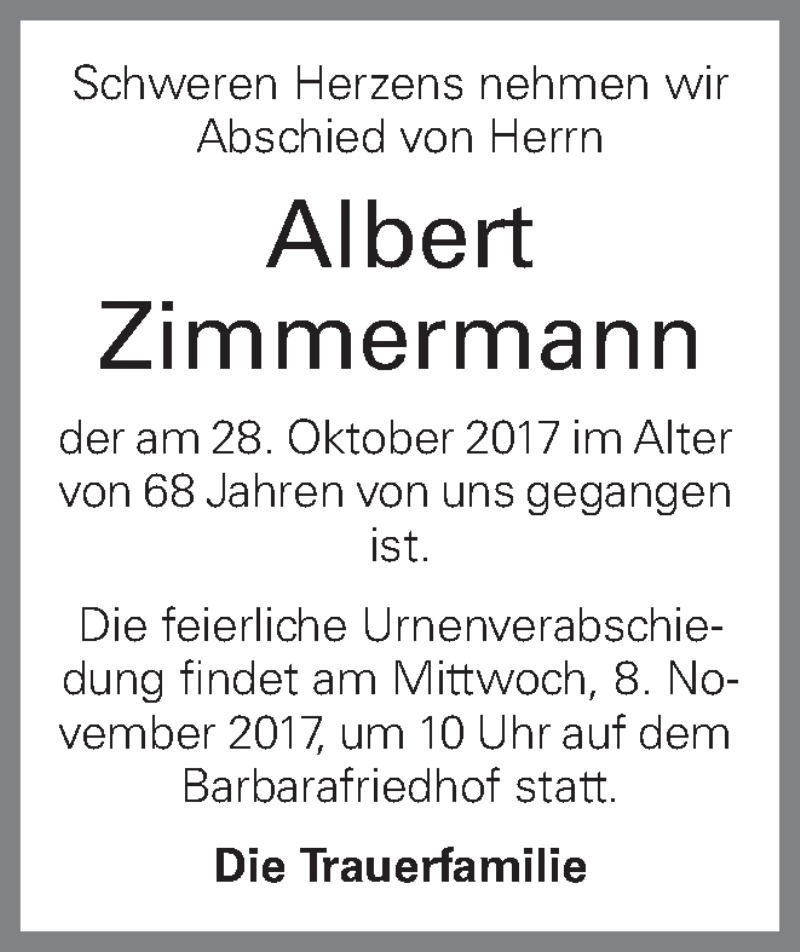  Traueranzeige für Albert Zimmermann vom 03.11.2017 aus OÖNachrichten