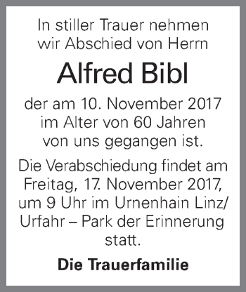 Traueranzeige von Alfred Bibl von OÖNachrichten