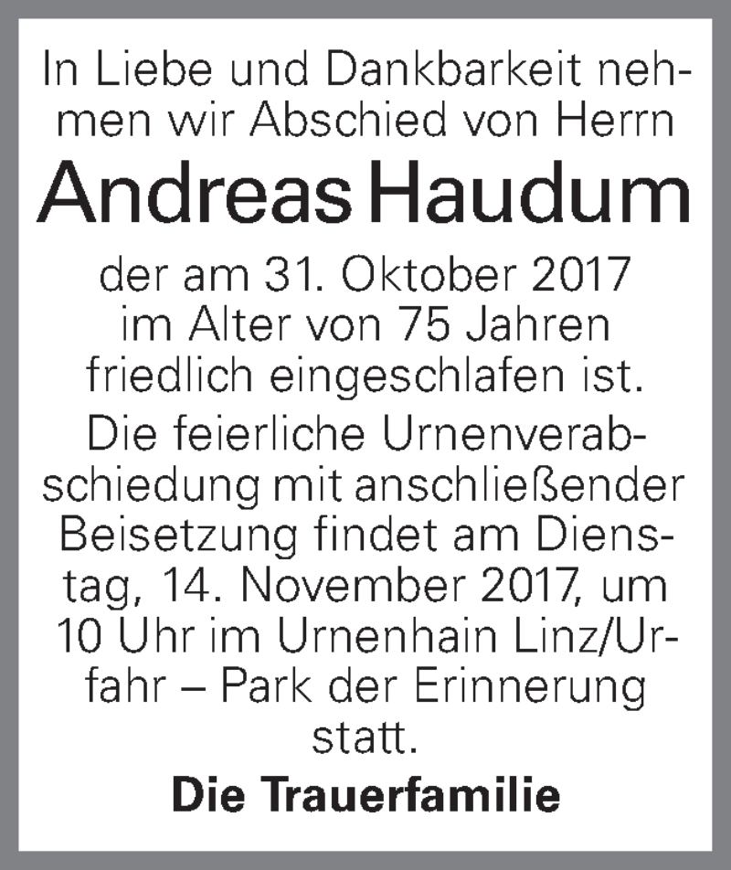  Traueranzeige für Andreas Haudum vom 07.11.2017 aus OÖNachrichten