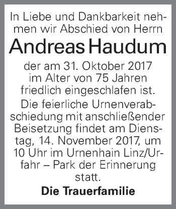 Traueranzeige von Andreas Haudum von OÖNachrichten
