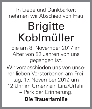 Traueranzeige von Bernhardine Koblmüller von OÖNachrichten