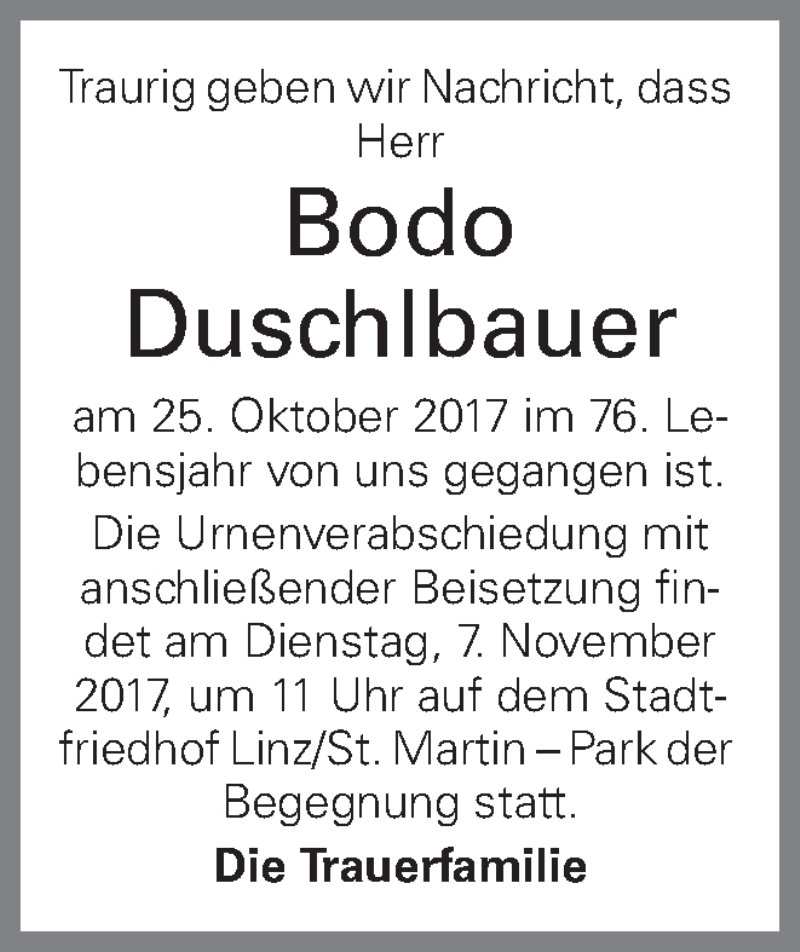  Traueranzeige für Bodo Duschlbauer vom 04.11.2017 aus OÖNachrichten