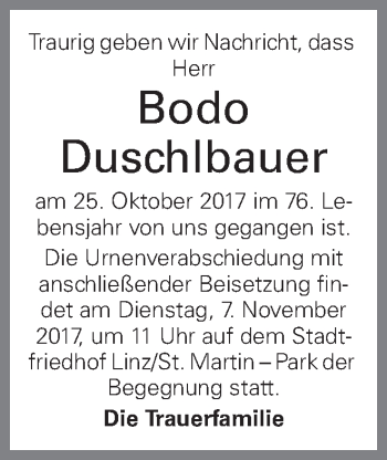 Traueranzeige von Bodo Duschlbauer von OÖNachrichten