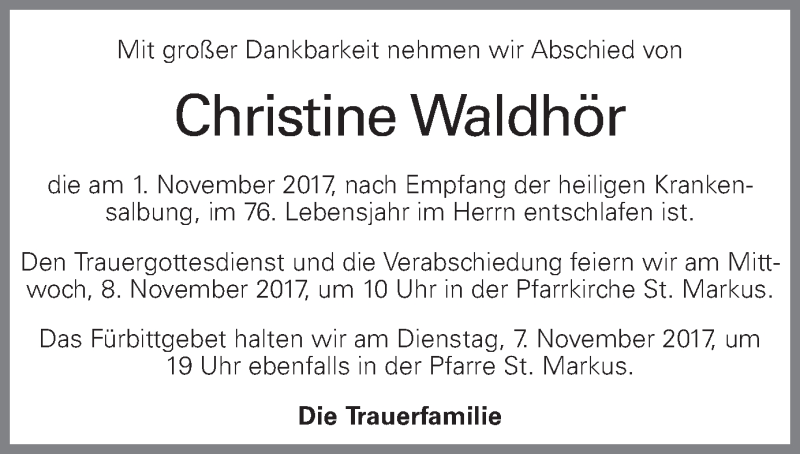 Traueranzeige für Christine Waldhör vom 04.11.2017 aus OÖNachrichten