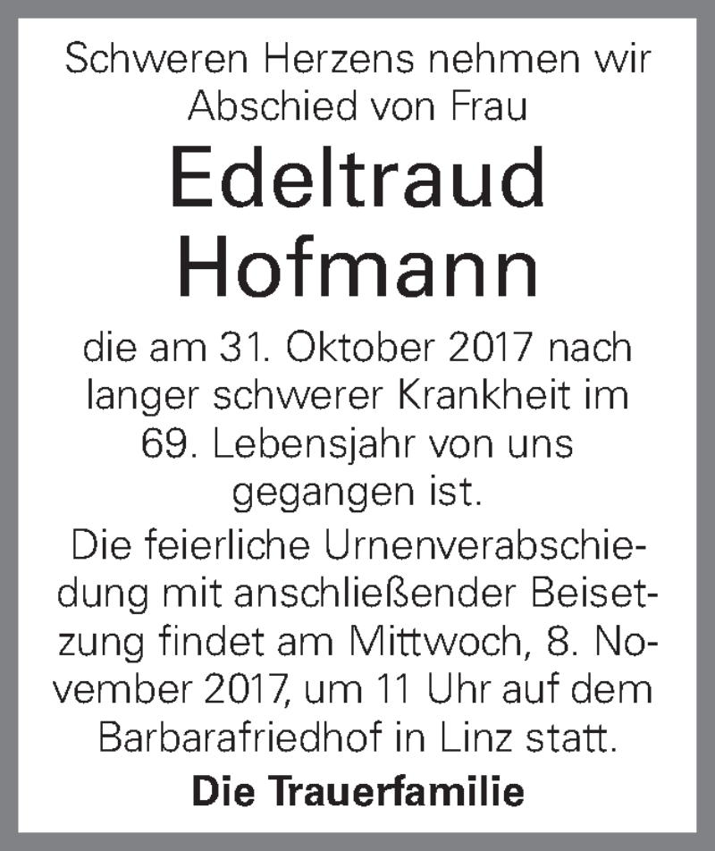  Traueranzeige für Edeltraud Hofmann vom 03.11.2017 aus OÖNachrichten
