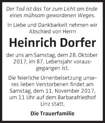 Traueranzeige von Heinrich Dorfer von OÖNachrichten