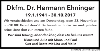 Traueranzeige von Hermann Ehninger von OÖNachrichten