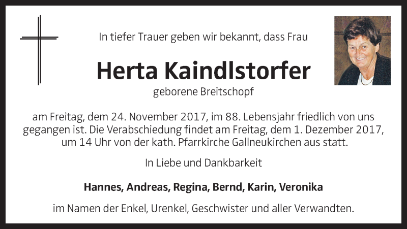  Traueranzeige für Herta Kaindlstorfer vom 29.11.2017 aus OÖNachrichten