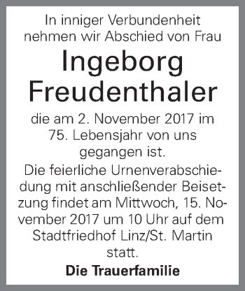 Traueranzeige von Ingeborg Freudenthaler von OÖNachrichten