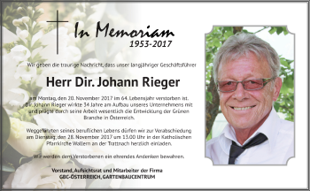 Traueranzeige von Johann Rieger von OÖNachrichten