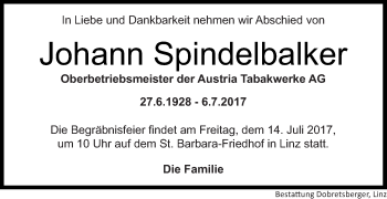 Traueranzeige von Johann Spindelbalker von OÖNachrichten
