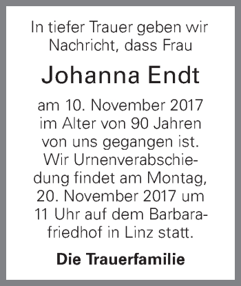 Traueranzeige von Johanna Endt von OÖNachrichten