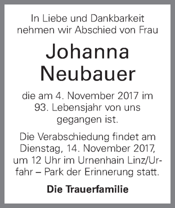 Traueranzeige von Johanna Neubauer von OÖNachrichten