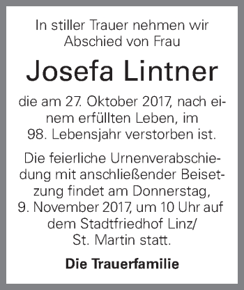 Traueranzeige von Josefa Lintner von OÖNachrichten