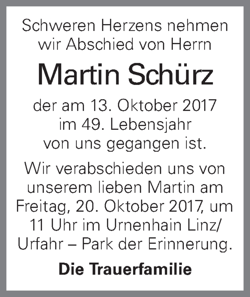  Traueranzeige für Martin Schürz vom 17.10.2017 aus OÖNachrichten