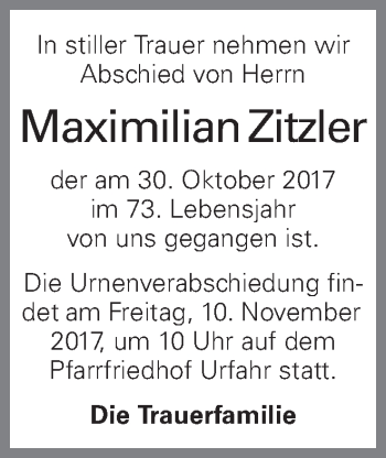 Traueranzeige von Maximilian Zitzler von OÖNachrichten