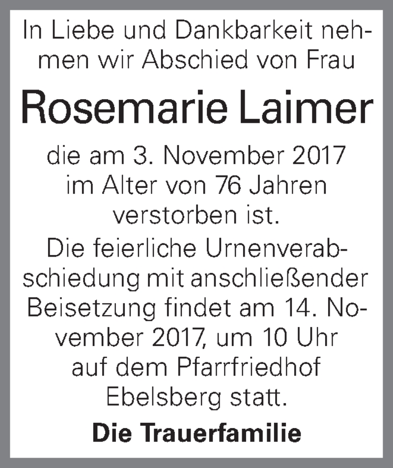  Traueranzeige für Rosemarie Laimer vom 08.11.2017 aus OÖNachrichten