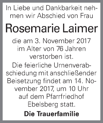 Traueranzeige von Rosemarie Laimer von OÖNachrichten
