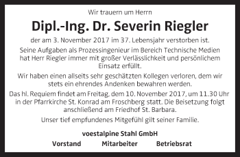 Traueranzeige von Severin Riegler von OÖNachrichten