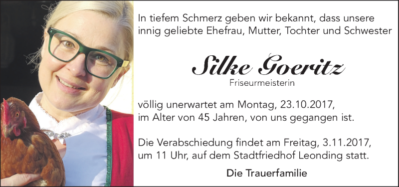  Traueranzeige für Silke Goeritz vom 28.10.2017 aus OÖNachrichten