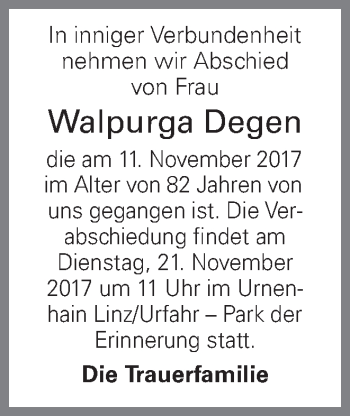 Traueranzeige von Walpurga Degen von OÖNachrichten