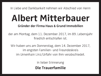 Traueranzeige von Albert Mitterbauer von OÖNachrichten