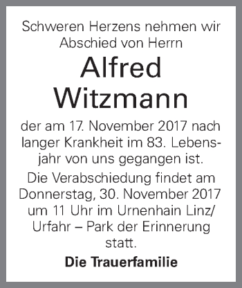 Traueranzeige von Alfred Witzmann von OÖNachrichten