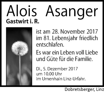 Traueranzeige von Alois Asanger von OÖNachrichten