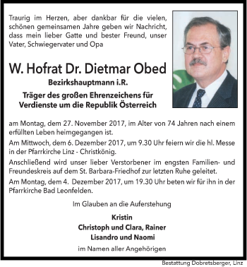 Traueranzeige von Dietmar Obed von OÖNachrichten