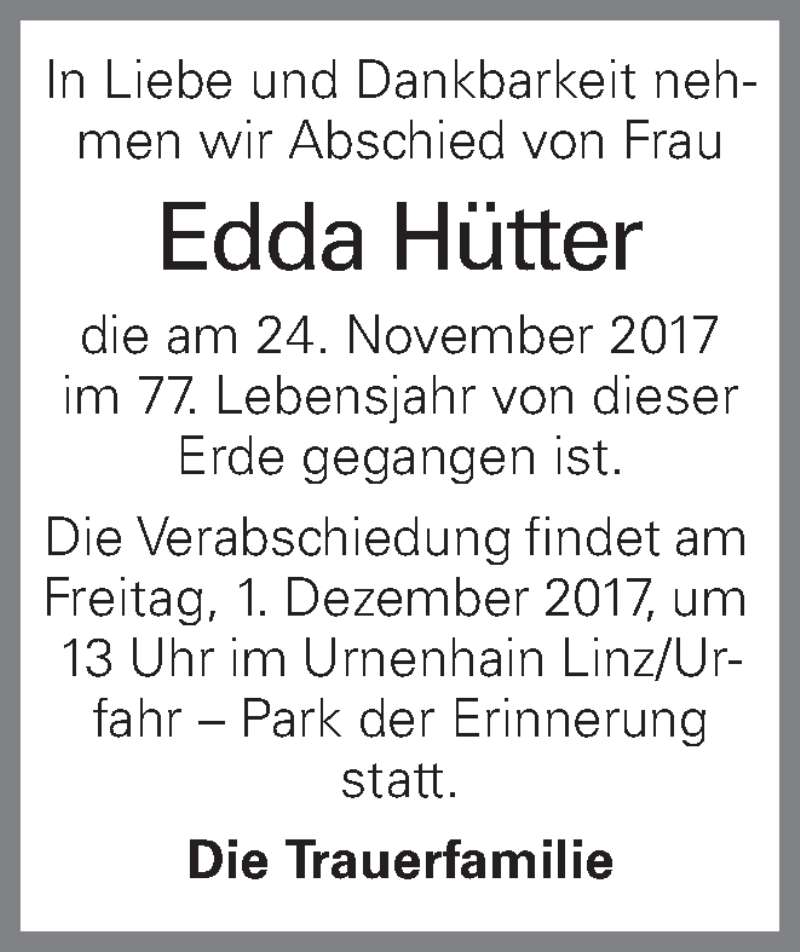  Traueranzeige für Edda Hütter vom 28.11.2017 aus OÖNachrichten