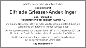 Traueranzeige von Elfriede Griesser-Andexlinger von OÖNachrichten