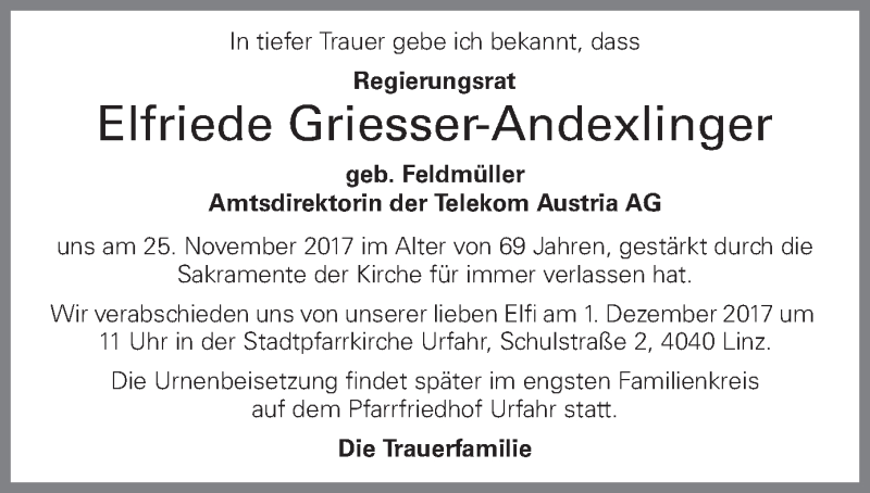  Traueranzeige für Elfriede Griesser-Andexlinger vom 29.11.2017 aus OÖNachrichten
