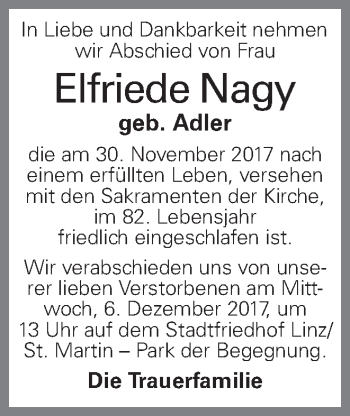 Traueranzeige von Elfriede Nagy von OÖNachrichten