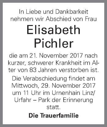 Traueranzeige von Elisabeth Pichler von OÖNachrichten