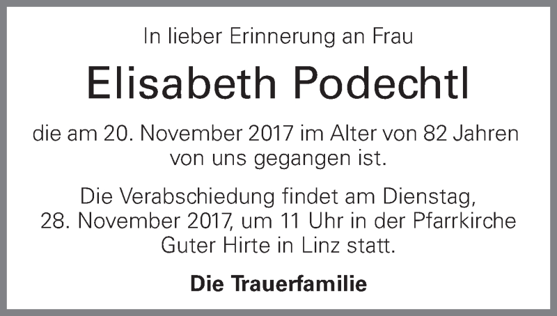  Traueranzeige für Elisabeth Podechtl vom 23.11.2017 aus OÖNachrichten