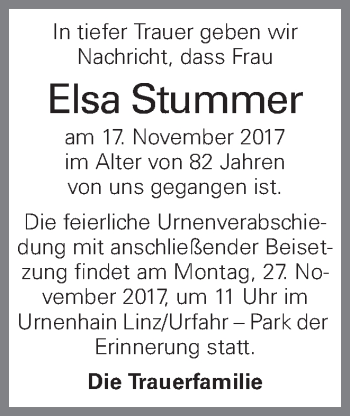 Traueranzeige von Elsa Stummer von OÖNachrichten
