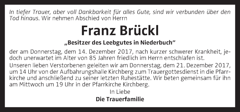  Traueranzeige für Franz Brückl vom 16.12.2017 aus OÖNachrichten