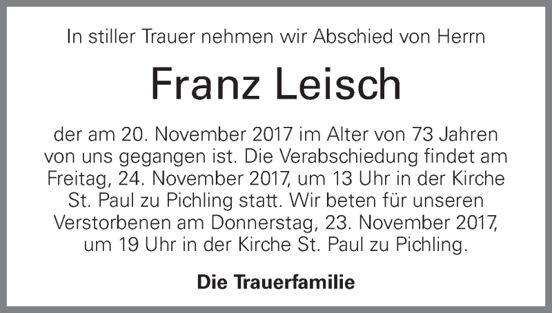  Traueranzeige für Franz Leisch vom 23.11.2017 aus OÖNachrichten