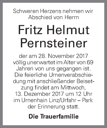 Traueranzeige von Fritz Helmut Pernsteiner von OÖNachrichten
