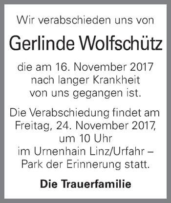 Traueranzeige von Gerlinde Wolfschütz von OÖNachrichten