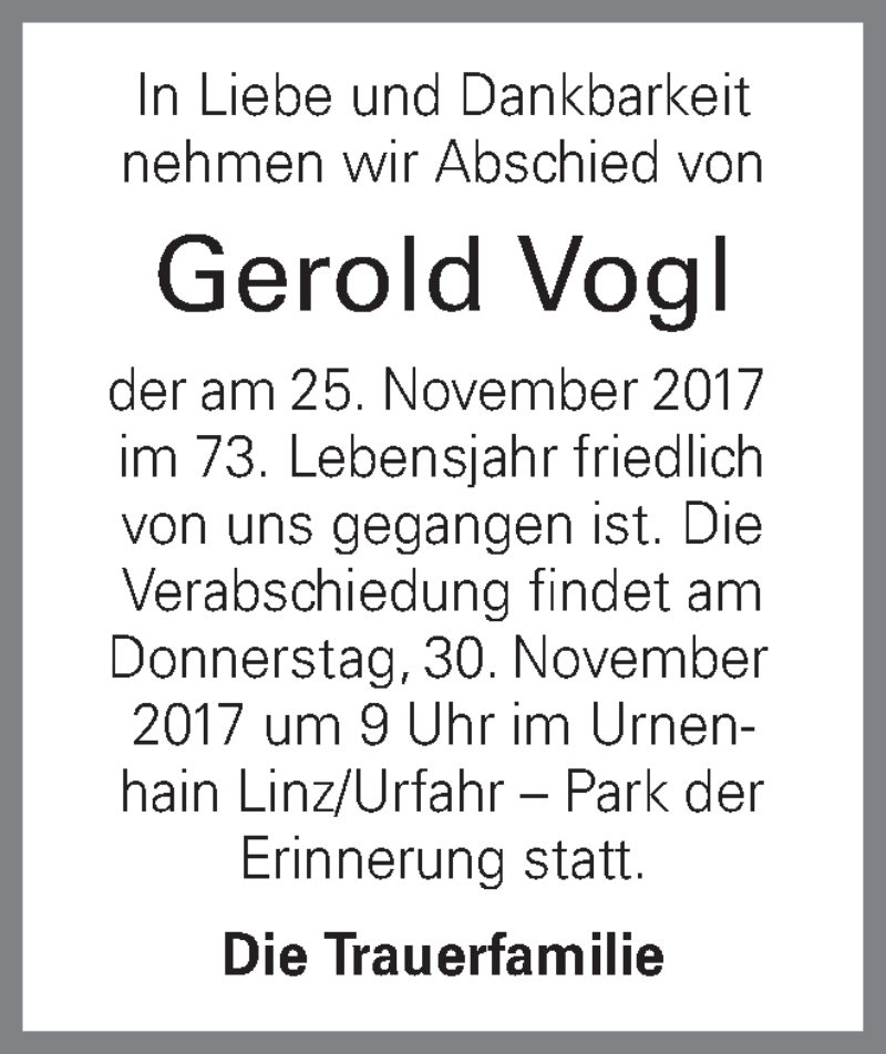  Traueranzeige für Gerold Vogl vom 30.11.2017 aus OÖNachrichten